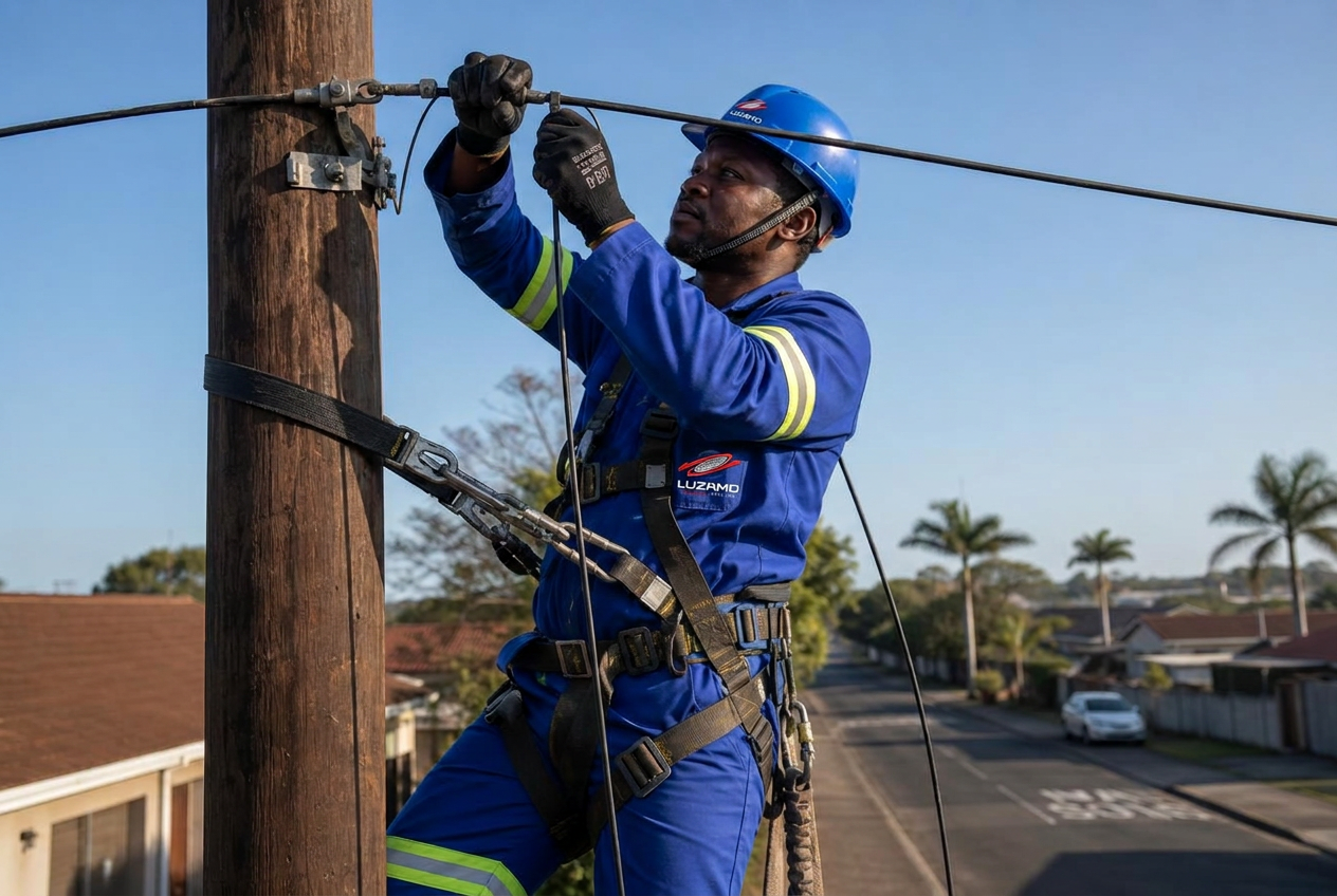 Luzamo Projects technician installing aerial fibre on a utility pole
